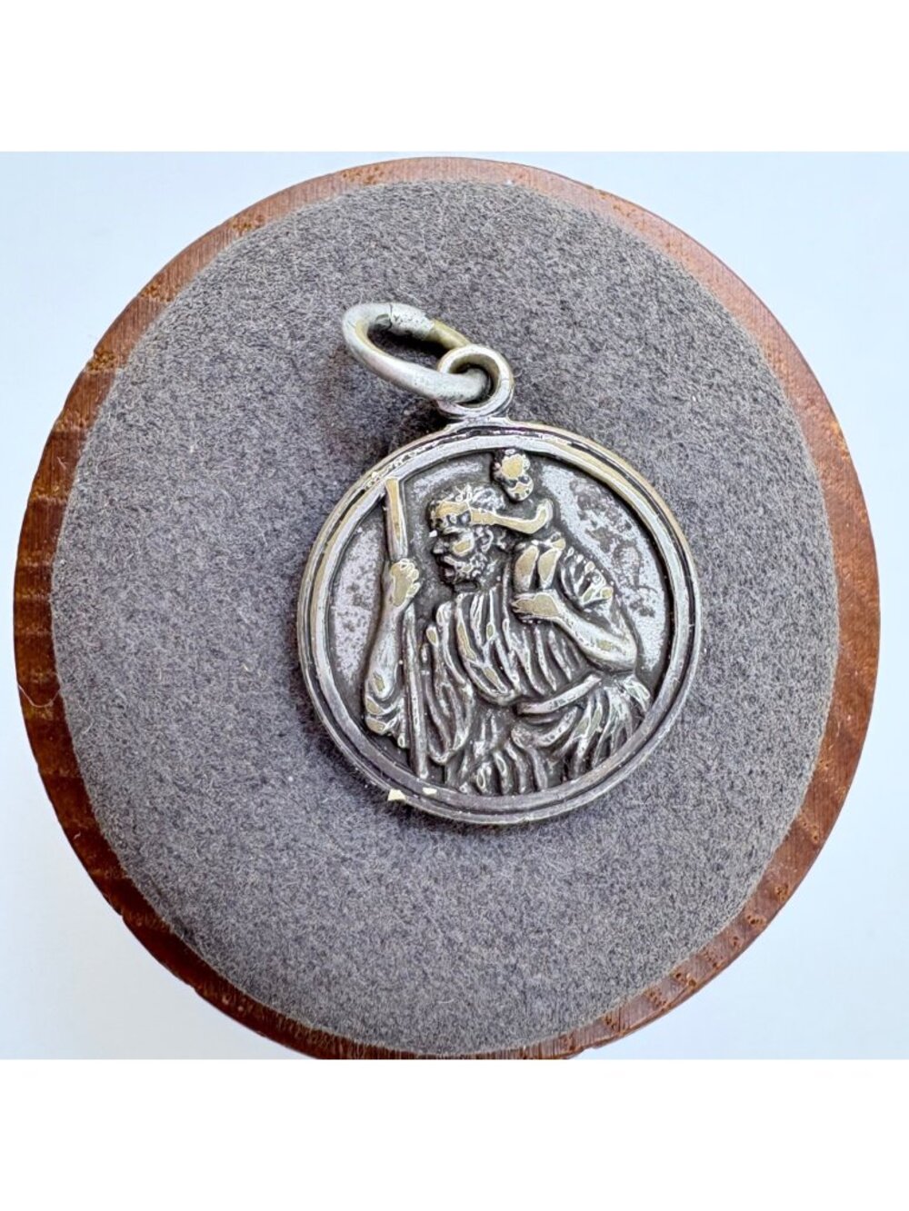 Saint Christopher Circle Pendant VTG Silver Tone Size 1" Length